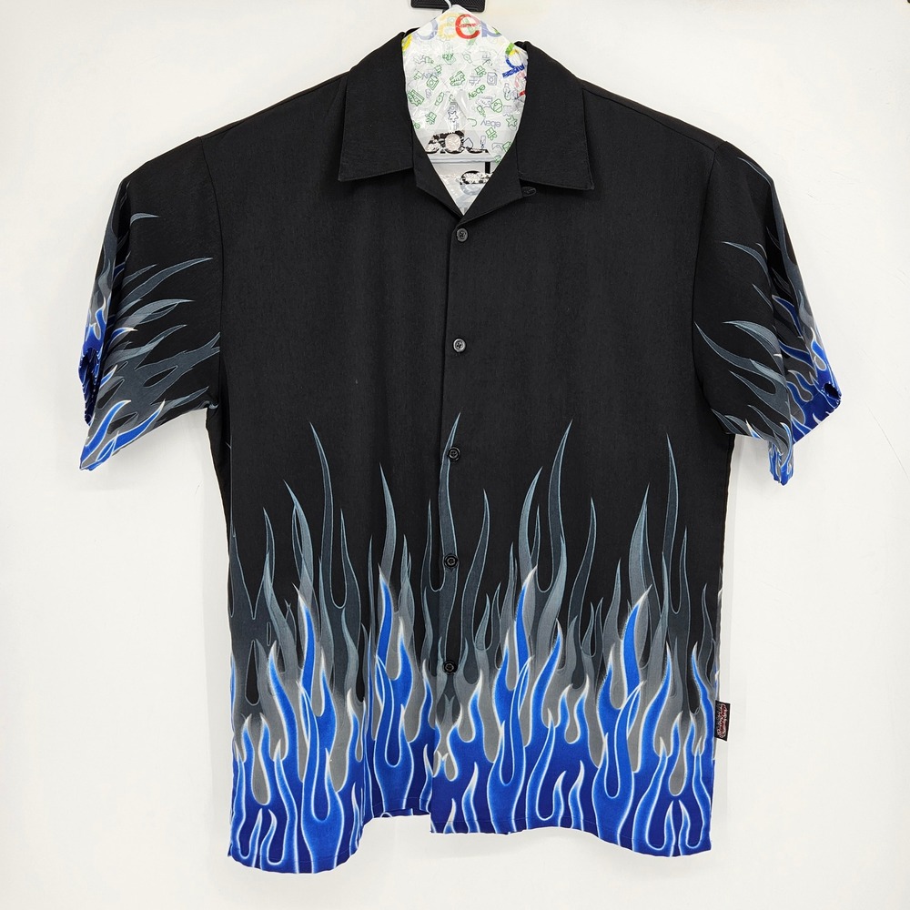 Vintage Sapphire Lounge Shirt Mens XL Button Up Fire Flames‎ Blue Short Sleeve